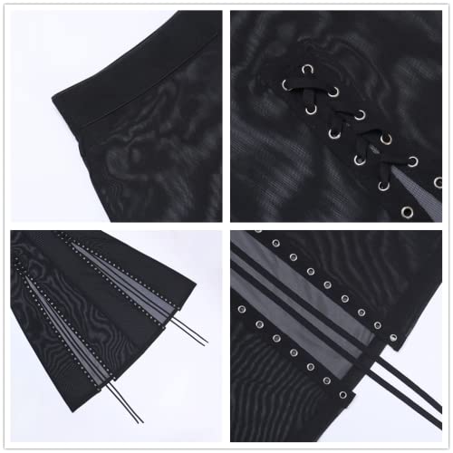 Goth Double Slit Maxi Skirt for Women Punk Black See Through Sheer Mesh Long Split Skirts