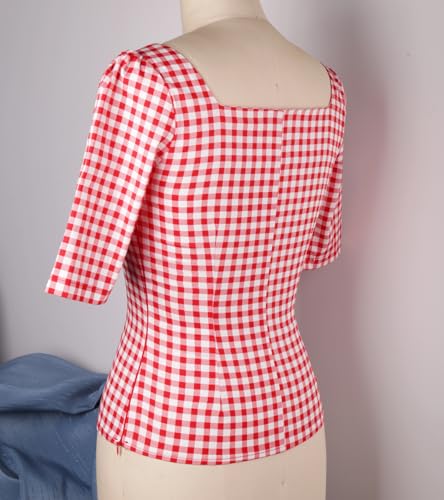 YARN & INK Women's 1950s Pinup Tops, Rockabilly Vintage Blouse Medium Sleeves Sweetheart V-Neck Shirt