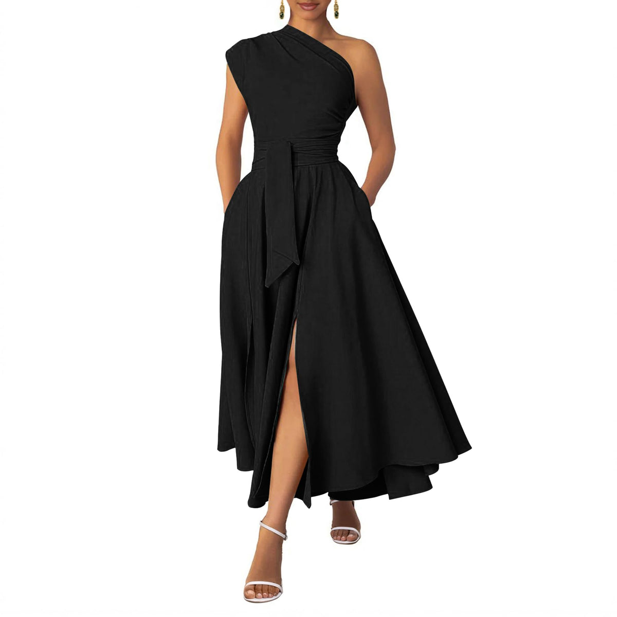 Ekaliy Women's One Shoulder Belted Maxi Dress Formal Wedding Guest Dress