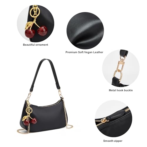Black Cute Hobo Cherry Shoulder Bag — Retro Clutch with Removable Straps
