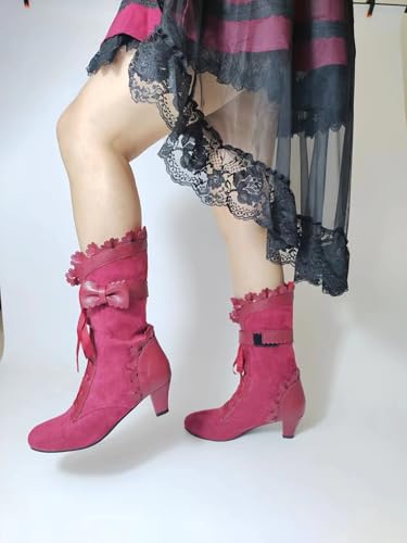 Women Victorian Boots Chunky Heels Lace up Cute Bow Knot Cosplay Costumes Witch Medieval Renaissance Mid-Calf Goth Boots Vintage Gothic Character Dance Kawaii Lolita Shoes