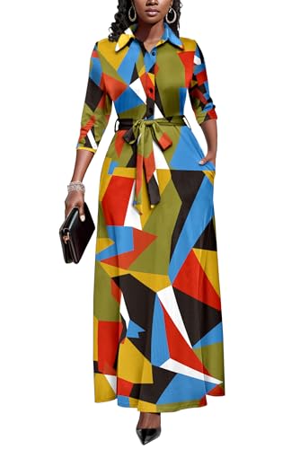 Runwind Womens Maxi Dress 3/4 Sleeve Button Down Church Dress with Pockets