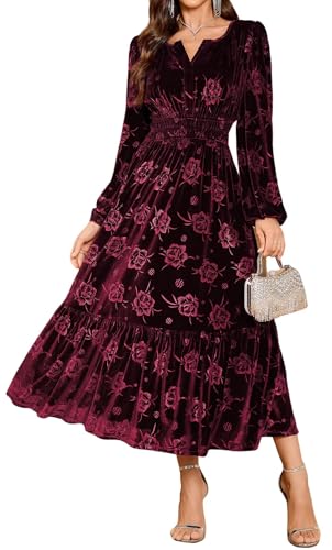 ZAFUL Womens Velvet Dress Long Sleeve Maxi Dresses Floral Smocked Waist
