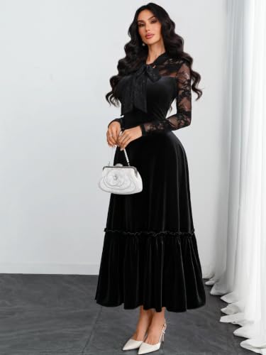 GothDark Women's Velvet Dress Lace Long Sleeve Tie Neck Formal Party Outfit