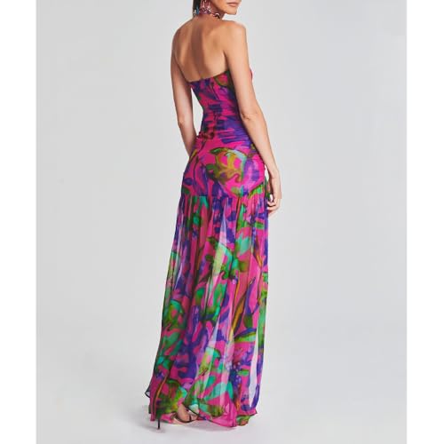 Women Tube Top Dress Tiger Stripe Mesh Patchwork Maxi Dress Strapless Sexy High Slit Long Dresses Beach Vacation