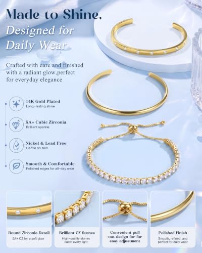 14K Gold Bracelets for Women Trendy Bangle Cuff Tennis Bracelets Set