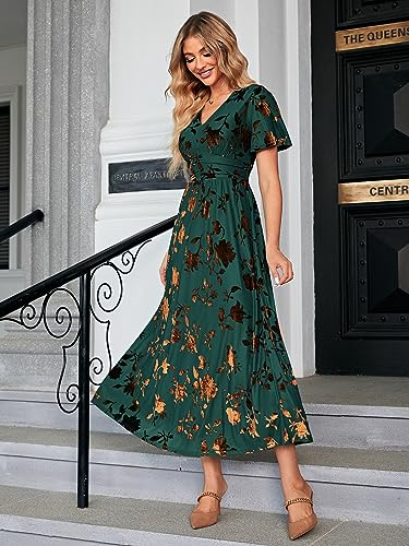 Simplee Women’s V Neck Velvet Maxi Dress Short Sleeve Empire Waist Long Formal Dress for Wedding Guest