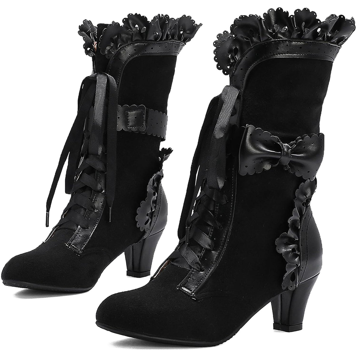 LanreyTaley Women Sweet Bow Boots Mid Heels Lace Up Victorian boots Mid Calf Kawaii Boot