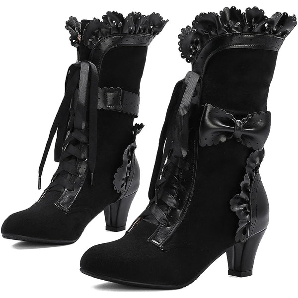 LanreyTaley Women Sweet Bow Boots Mid Heels Lace Up Victorian boots Mid Calf Kawaii Boot