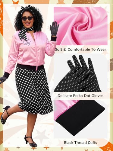 AOTHSO 1950s Pink Satin Jacket with Polka Dot Scarf Headband Earrings Glasses Halloween Cosplay Costume for Women, 8 Pieces
