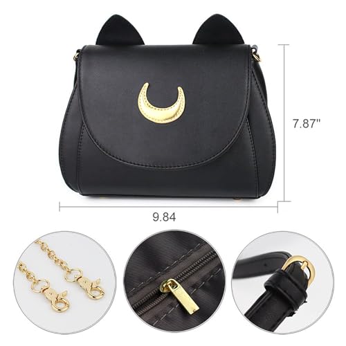Women's Moon PU Leather Gothic Crossbody Cat Handbag — Black Shoulder Bag