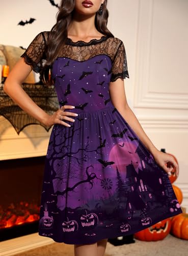 Women Halloween Party Costume Vintage Swing Lace Short Sleeve Witch Dress