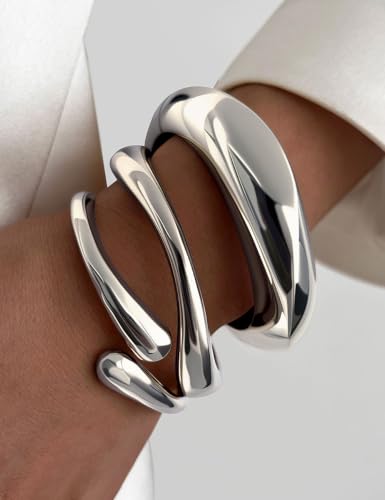 Chunky Gold Bangle Bracelets for Women, Dainty 14k Gold Plated Big Stackable Bangles Set, Trendy Statement Cuff Bracelet Stack Fashion Jewelry Gifts