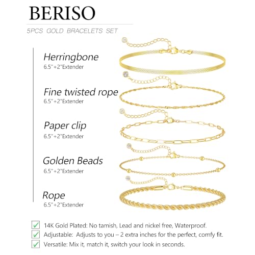 BERISO Gold Bracelets for Women, Elegant Adjustable 14K Gold Plated Bracelet for Women, Trendy Minimalist Dainty Gold Bracelet for Everyday Wear