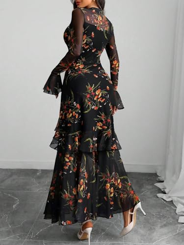 GothDark Women Floral Maxi Dress Bell Sleeve Party Wedding Guest Dresses