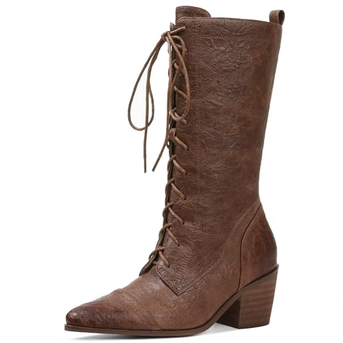 SaraIris Women's Black Mid Calf Boots Lace Up Chunky Heel Vintage Combat Heeled Dress Casual Boots
