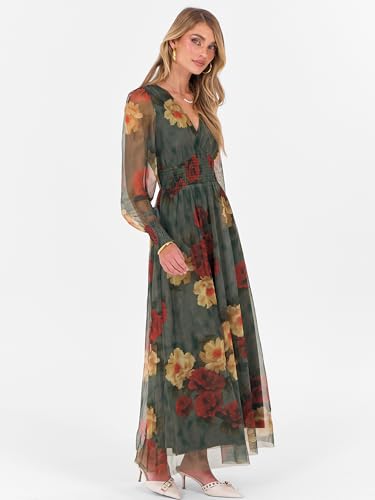 ANRABESS Women's Fall Wedding Guest Tulle Floral Long Sleeve Maxi Dress