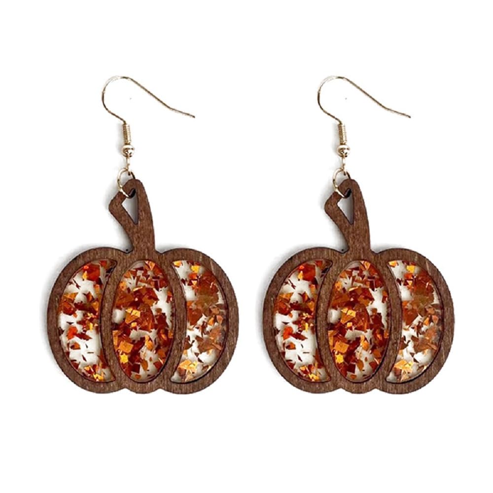 Halloween Pumpkin Wooden Dangle Earrings Handmade Lightweight Leopard Cow Print Leather Dangle Earrings for Women Glitter Thanksgiving Fall Drop Earrings Holiday Jewelry