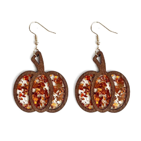 Halloween Pumpkin Wooden Dangle Earrings Handmade Lightweight Leopard Cow Print Leather Dangle Earrings for Women Glitter Thanksgiving Fall Drop Earrings Holiday Jewelry
