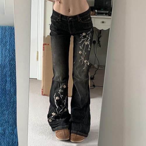 Women Bell Bottom Jeans Stretchy Flare Mid Rise Embroidery Vintage Secondary image