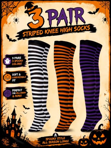 SATINIOR 3 Pairs Halloween Striped Thigh High Socks, Knee High