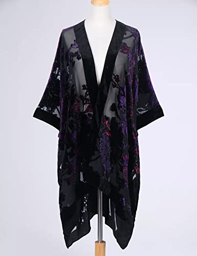 Women's Burnout Velvet Kimono Long Cardigan Cover Up Casual Outfit