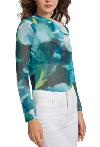 Womens Mesh Long Sleeve Tops Mock Neck Sexy Sheer See Through Tee Shirts Party Club Night Lace Blouse