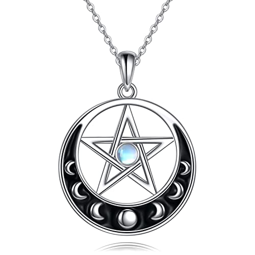 Sterling Silver Pentagram Necklace with Birthstone Triple Moon Main image