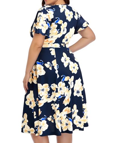 Pinup Fashion Plus Size Wedding Guest Semi Formal Cocktail Wrap Knee Dress | Knit, faux wrap v-neck, short ruffle sleeves, empire waist, removable belt, knee-length, wedding guest, semi formal, easter