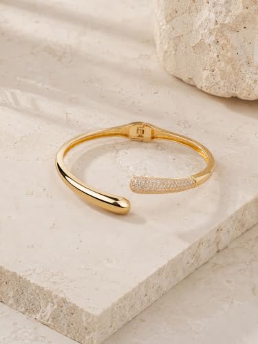 Gold Cuff Bracelets for Women, 14K Plated Open Bangle, Stackable Statement Jewelry for Everyday, Work, Date Night