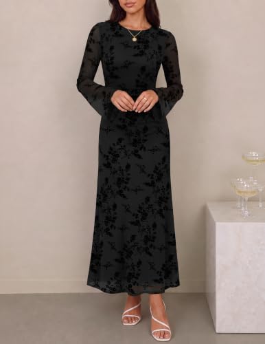 ZESICA Womens Long Sleeve Floral Fall Bodycon Ruched Mesh Maxi Formal Dress