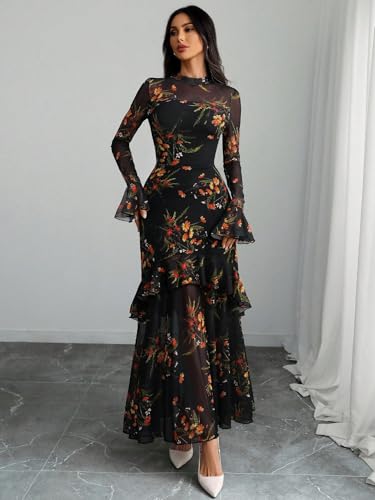 GothDark Women Floral Maxi Dress Bell Sleeve Party Wedding Guest Dresses