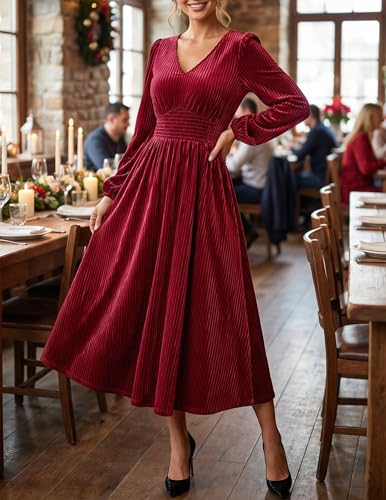 ZESICA Women's Velvet Wedding Guest Cocktail Long Sleeve Winter Dress
