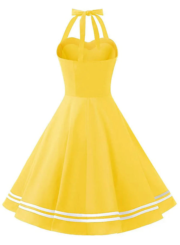 Halter Yellow Dress Sexy Robe Femme Pin Up Rockabilly Party Dress Big Swing Vestidos Summer Clothes