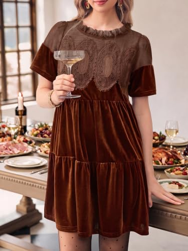 Wenrine Womens Velvet Dress Fall Lace Short Sleeve Babydoll Mini Dresses Secondary image