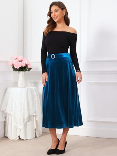 Women's Velvet High Waist A-Line Formal Long Skirt with Belt
