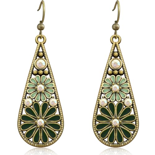 Copper Crystal Teardrop Enamel Flower Earrings