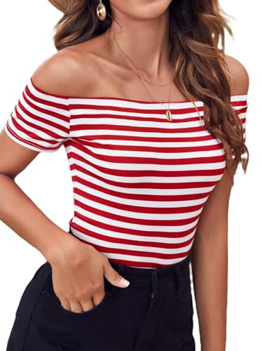 LilyCoco Off The Shoulder Tops for Women Striped Short Sleeve Sexy Going Out Top