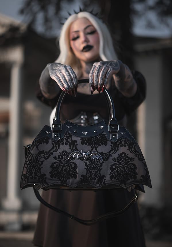Bat Shaped Damask Handbag with Metal Embellishments