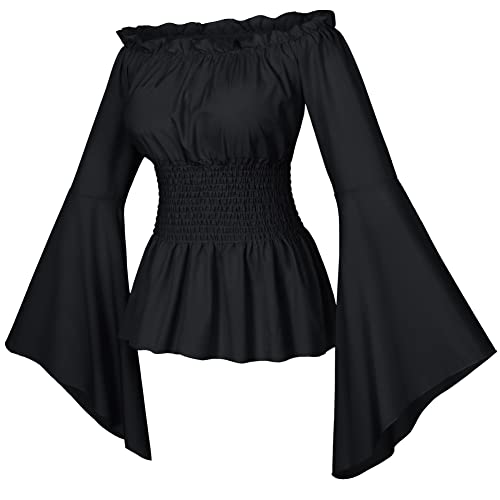 Womens Renaissance Victorian Peasant Ruffle Smocked Waist Boho Pirate Shirt Blouse with Belt Set