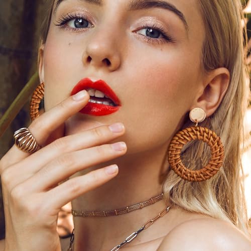 Raffia Rattan Boho Hoop Earrings (4 Pairs)