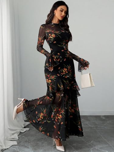 GothDark Women Floral Maxi Dress Bell Sleeve Party Wedding Guest Dresses