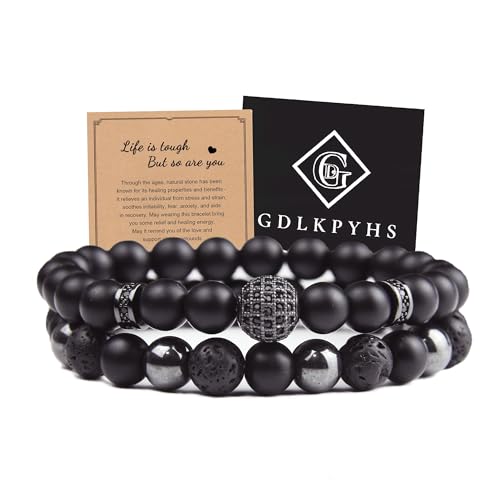 Black Obsidian Bracelet for Men - Black Tourmaline Beaded Bracelets - Mens Bracelet Set 8MM Black Onyx Hematite Lava Stone Beads Triple Protection Bracelet for Men Women Gifts