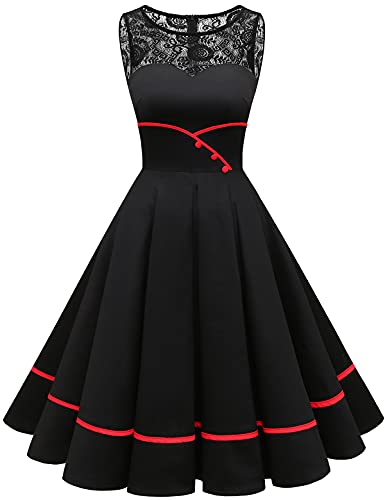 Bbonlinedress Women's 50s Vintage Floral Lace Retro Rockabilly Sleeveless Round Neck Cocktail Party Swing Dress