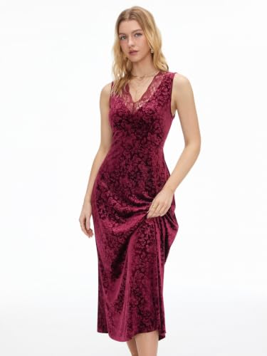 CIDER Fall Velvet Maxi Dress Women V Neck Lace Trim Sleeveless Dress