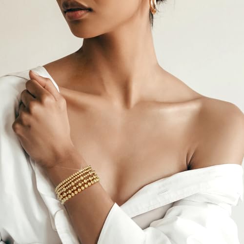 Gold Bracelets for Women Waterproof, 14K Gold Plated Beaded Strand Bead Ball Bracelets stack Adjustable Jewelry Set for Gifts