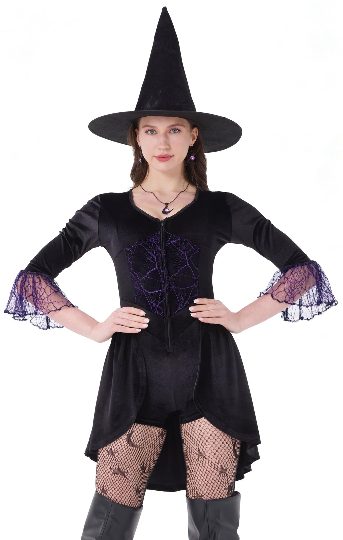 Womens Witch Costume Dress, Black Velour Bodysuit with Hat & Fishnet Tights