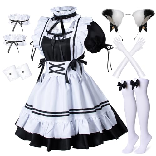 Wannsee Anime French Maid Apron Lolita Fancy Dress Cosplay Costume Furry Cat Ear Gloves Socks set(XL)