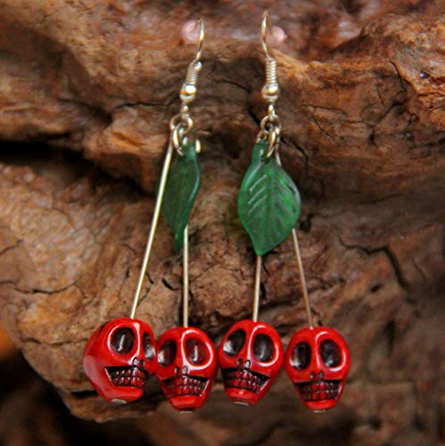 Handmade Gothic Red Skull Cherry Dangle Earrings 2.2 inches Medium Halloween Pinup Quirky Funky Earrings