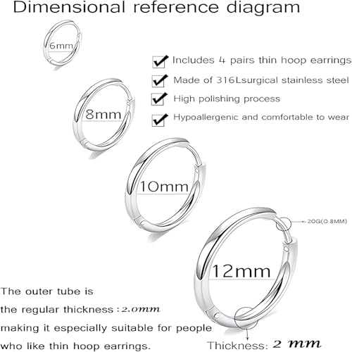 316L Surgical Stainless Steel Huggie Hoop Earrings 6mm 8mm 10mm 11mm 12mm 14mm Hypoallergenic Earrings Hoop Cartilage Helix Lobes Hinged Sleeper Secondary image